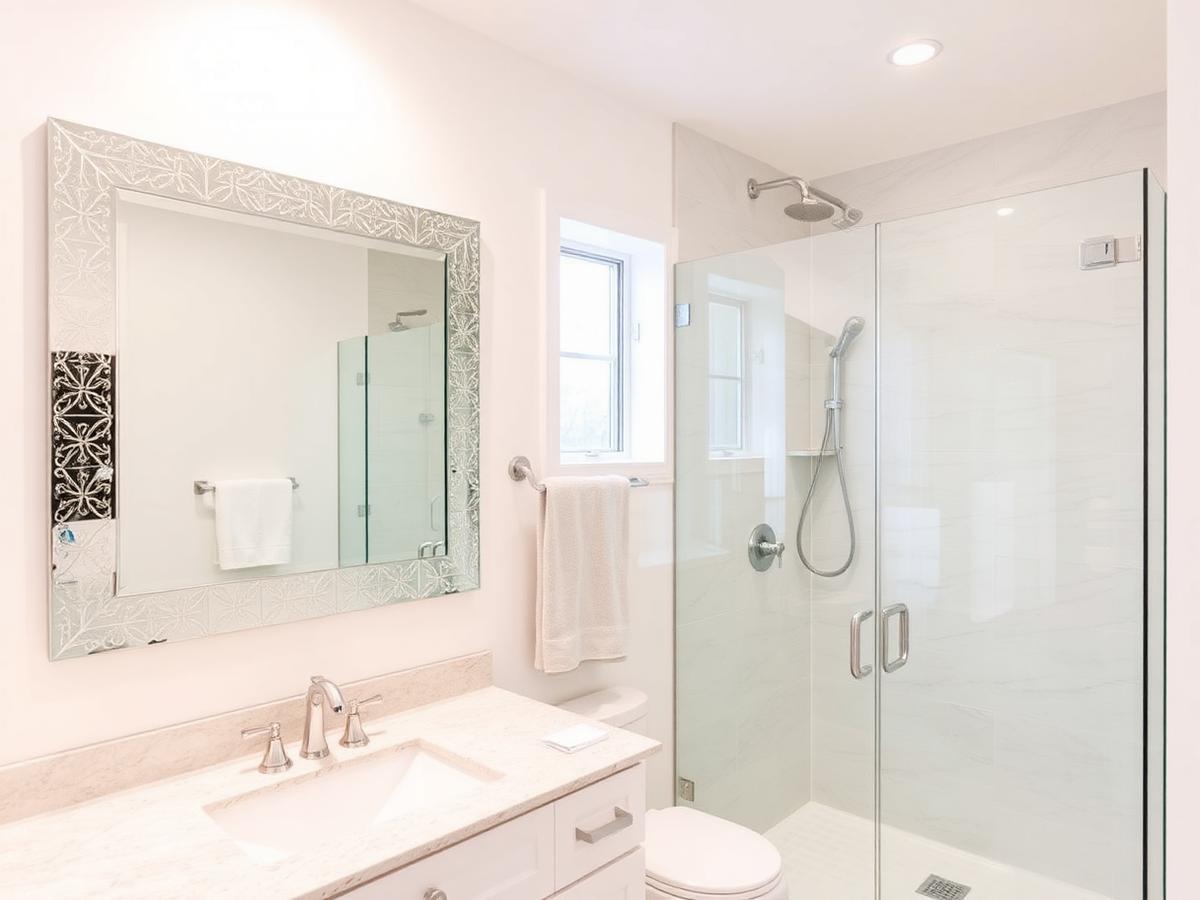 Custom wall mirror and frameless glass shower enclosure in a modern bathroom